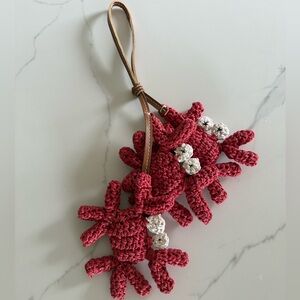 Free People Red Crochet Crab Keychain Wristlet with Cream Accents